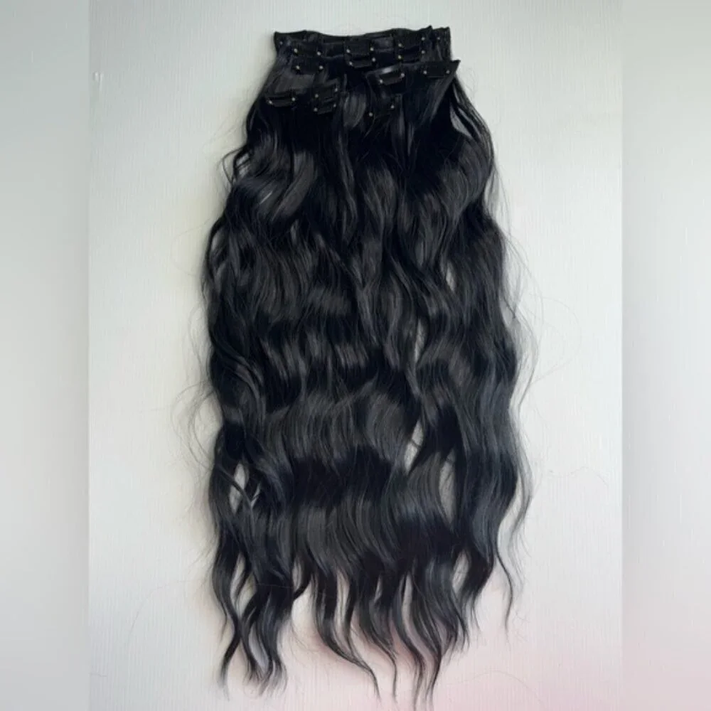 Human hair blend 24 In  black Clip in Hair Extensions Set